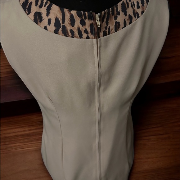 Tan sheath dress with leopard  animal print trim. - Picture 2 of 3
